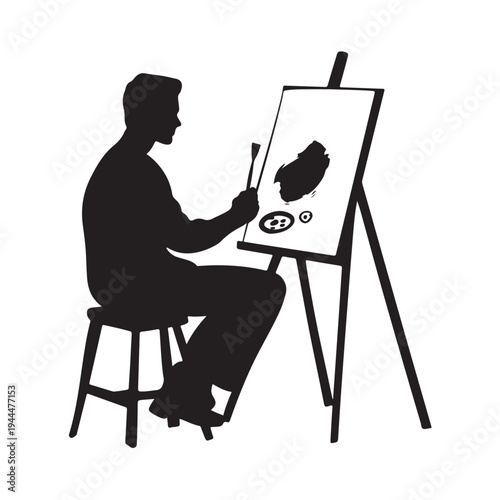 Silhouette of an male artist painting a canvas on an easel. vector illustration