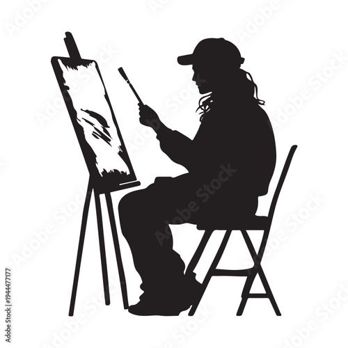 Silhouette of an male artist painting a canvas on an easel. vector illustration
