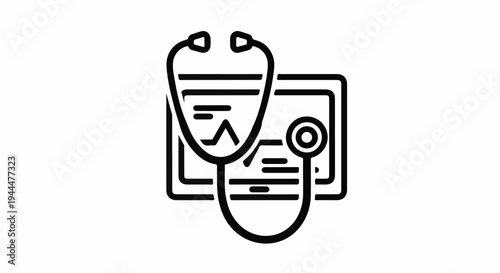 Medical icon with a stethoscope over a document and heart rate graph