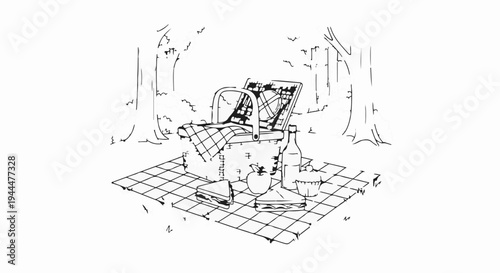 Outdoor picnic scene with basket, checkered blanket, food, and drink