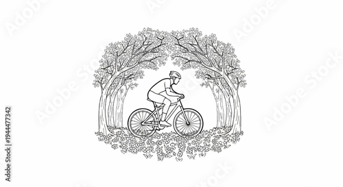 A person rides a bicycle through a blooming forest path