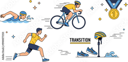 Triathlon race stages with swimming cycling running and transition area athlete competition cartoon flat vector illustration set