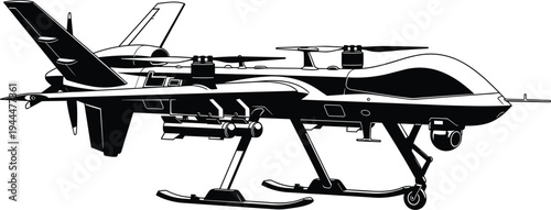 Black and white of a drone with skis and missiles aircraft