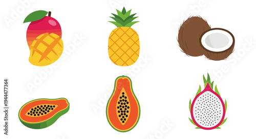 A vibrant arrangement of exotic fruits including apples, pineapples, coconuts, papayas, and dragon fruits on a clean surface, showcasing their diverse textures and colors.