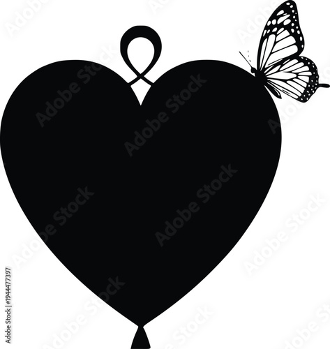 Elegant black heart with butterfly and ribbon detail design