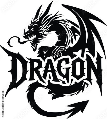 Mythical dragon silhouette with stylized word dragon beneath its head