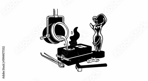 Metal casting process depicted with molten metal pouring into molds