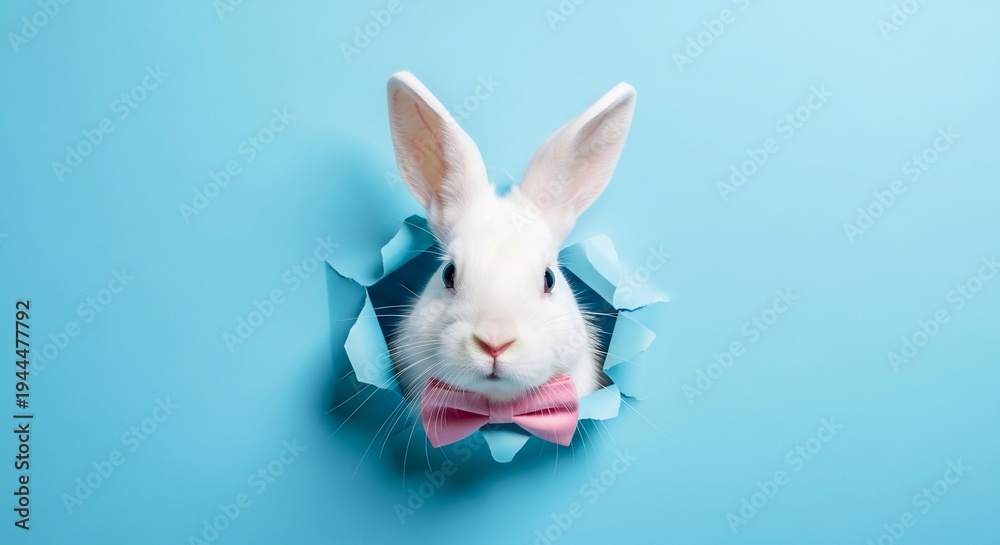 Fototapeta premium White Easter Bunny with Pink Bow Tie Peeking Through Blue Paper Hole, Creative Holiday Surprise, Minimalist Rabbit Character, Greeting Card Design