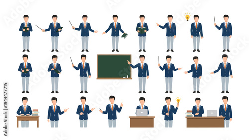 A Man of Knowledge: A versatile male character depicted in various poses, illustrating different aspects of teaching and learning. He holds books, a pointer, a diploma, and engages with a laptop.