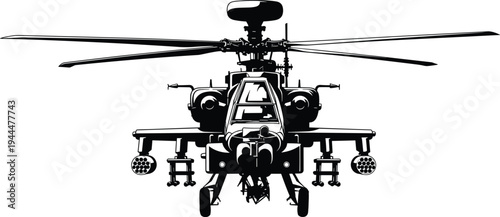 Black silhouette of a military helicopter with rotors and missiles white background