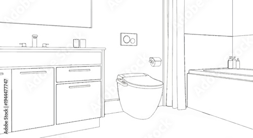 Minimalist bathroom scene with modern toilet, vanity, and bathtub