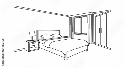 Minimalist bedroom illustration with bed, nightstand, lamp, and wardrobe