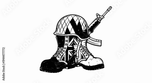 Military helmet, rifle, and boots with national flag motif