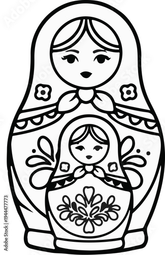 Outline drawing of nesting dolls with floral and leaf decorative elements
