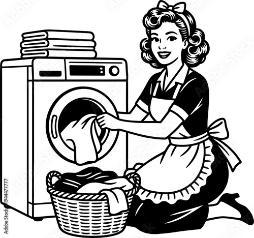 Retro woman doing laundry with washing machine and basket
