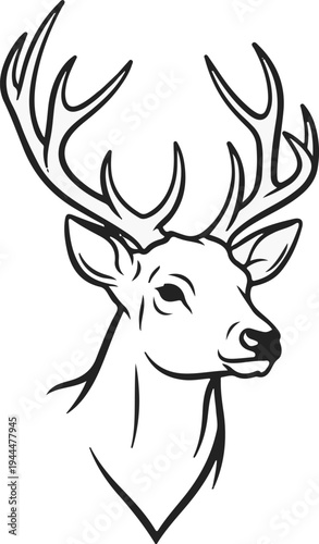 Majestic stag head with impressive antlers, black ink outline