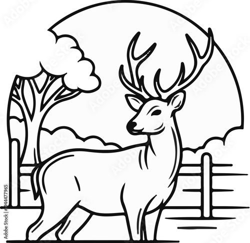 Majestic stag with large antlers stands in a field with trees and fencing