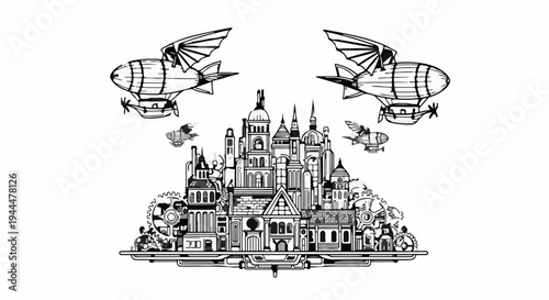 Ornate city skyline with ornate flying machines above