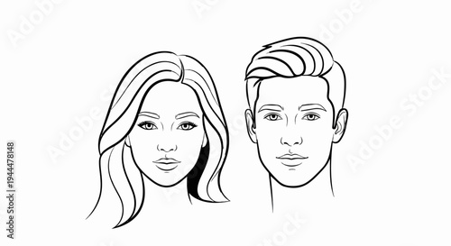 Line drawing portraits of a woman with flowing hair and a man with styled hair