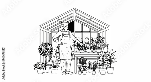 Man in apron tending to various potted plants inside a greenhouse structure