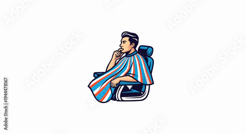 Man in barber chair wearing striped cape, looking thoughtful