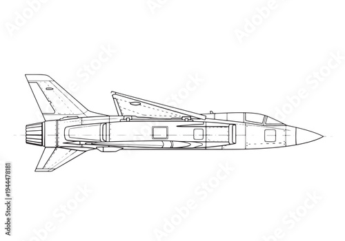 Detailed technical drawing of a military fighter jet aircraft side view