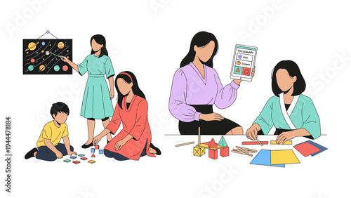 Education Scene: A series of illustration portraying education activities, including learning from blackboard and iPad