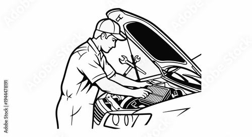 Man in cap works on car engine under open hood with tools