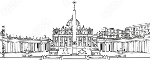 Ornate classical architecture featuring colonnades, domes, an obelisk, and fountains