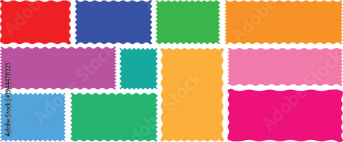 Zig zag wavy shape frames. Circles and rectangles with wavy zigzag edges. zigzag Vector wavy rectangles with grain texture, irregular colorful text boxes. Set of wavy edge frames.