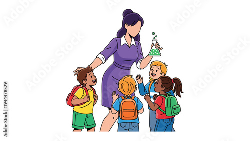 Educational Interaction: A dedicated teacher leads a group of children in an engaging science experiment, fostering curiosity and the joy of discovery