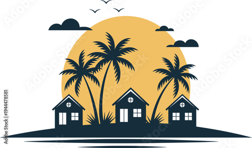 Tropical beach houses with palm trees sunset landscape illustration, island vacation scenery vector design, summer travel nature concept