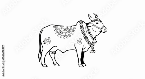 Ornate cow illustration with garlands, bells, and decorative patterns