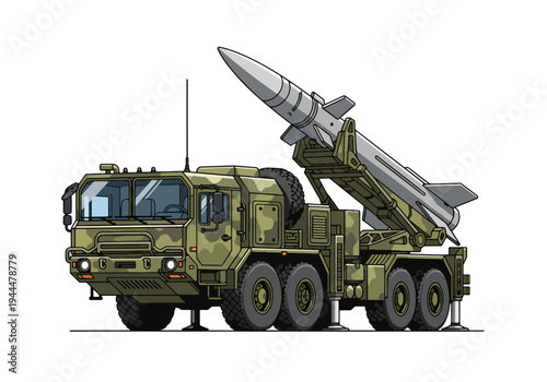 Military truck with missile launcher system on white background  defense technology