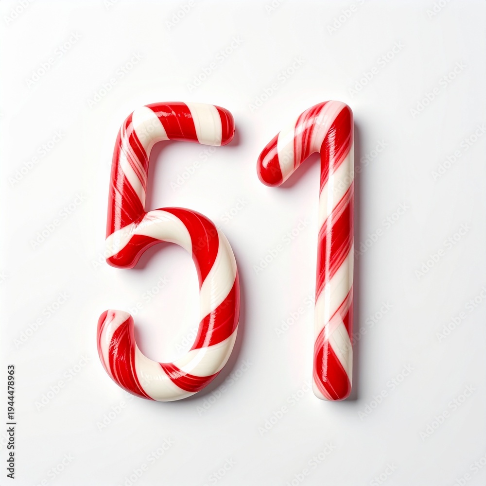 Obraz premium Candy cane number 51. Red and white striped number on solid white background