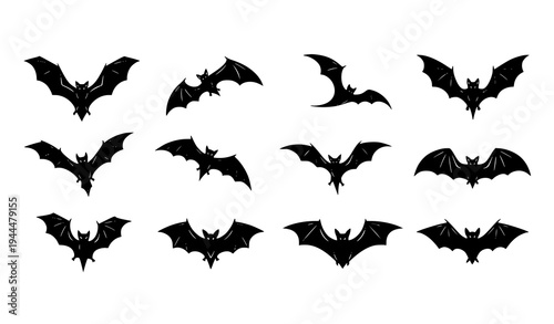 Bat silhouette icons collection with flying halloween bats for spooky night design isolated on transparent background