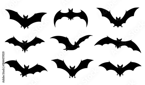 Flying bat silhouette icons vector set with spooky halloween night bats isolated on transparent background