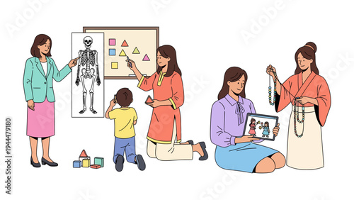 Education in Action: A collection of educational scenes showcasing educators imparting knowledge to students through various interactive methods, fostering an engaging learning environment.