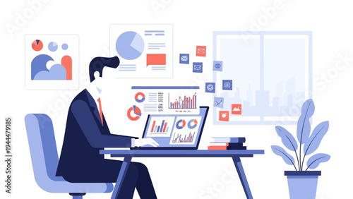 Man Working on Laptop at Desk.