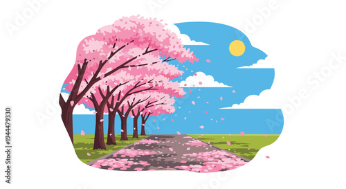 Modern vector illustration of Japanese cherry blossoms festival with sakura trees forming a floral tunnel over a peaceful walking path, falling petals, clean flat spring scenery