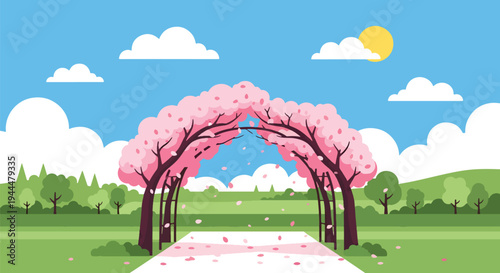 Modern vector illustration of Japanese cherry blossoms festival with sakura trees forming a floral tunnel over a peaceful walking path, falling petals, clean flat spring scenery