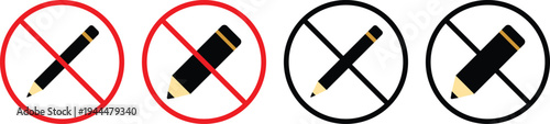 no Pencil icons set. Writing tool prohibition symbols. No graphite pencil graphic design. Stationery restriction and safety signs
