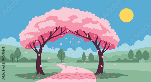 Modern vector illustration of Japanese cherry blossoms festival with sakura trees forming a floral tunnel over a peaceful walking path, falling petals, clean flat spring scenery
