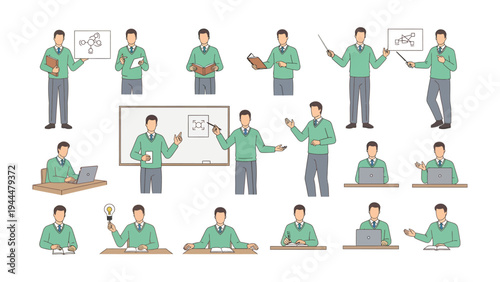 Teacher's Teaching Set: A meticulously composed illustration showcases a collection of male teachers in various teaching scenarios, providing resources for educational use.