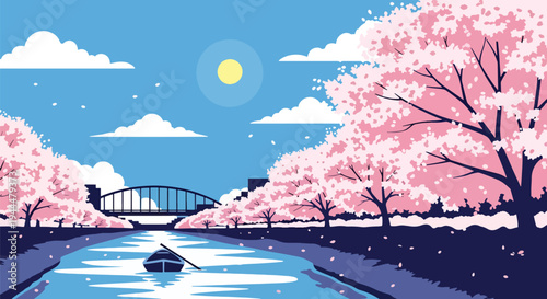 Modern vector illustration of Japanese cherry blossoms festival along a calm riverside with blooming sakura trees, bridge silhouette, and spring reflections in flat style