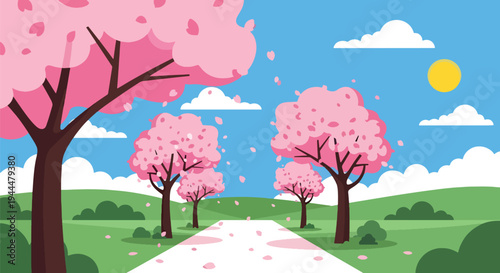Modern vector illustration of Japanese cherry blossoms festival with sakura trees forming a floral tunnel over a peaceful walking path, falling petals, clean flat spring scenery