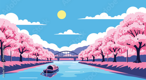 Modern vector illustration of Japanese cherry blossoms festival along a calm riverside with blooming sakura trees, bridge silhouette, and spring reflections in flat style