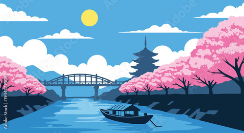 Modern vector illustration of Japanese cherry blossoms festival along a calm riverside with blooming sakura trees, bridge silhouette, and spring reflections in flat style