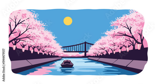 Modern vector illustration of Japanese cherry blossoms festival along a calm riverside with blooming sakura trees, bridge silhouette, and spring reflections in flat style