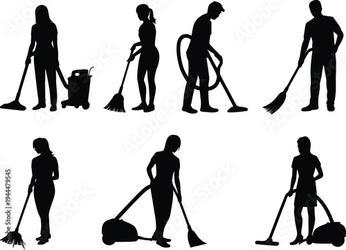 Set of cleaning people silhouettes using brooms, mops, and vacuum cleaners